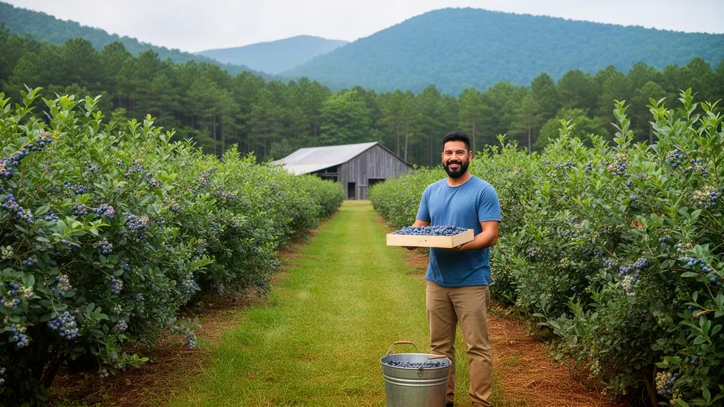 A smiling blueberry farmer holding a flat of fresh berries between tall bush rows in the North Georgia foothills.